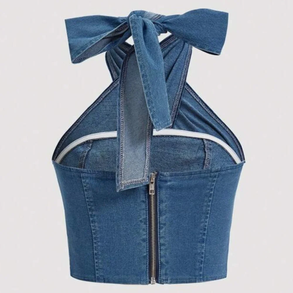 Denim halter top cropped jean shirt bustier 6 bow western rodeo fair cowgirl S M - Picture 2 of 7